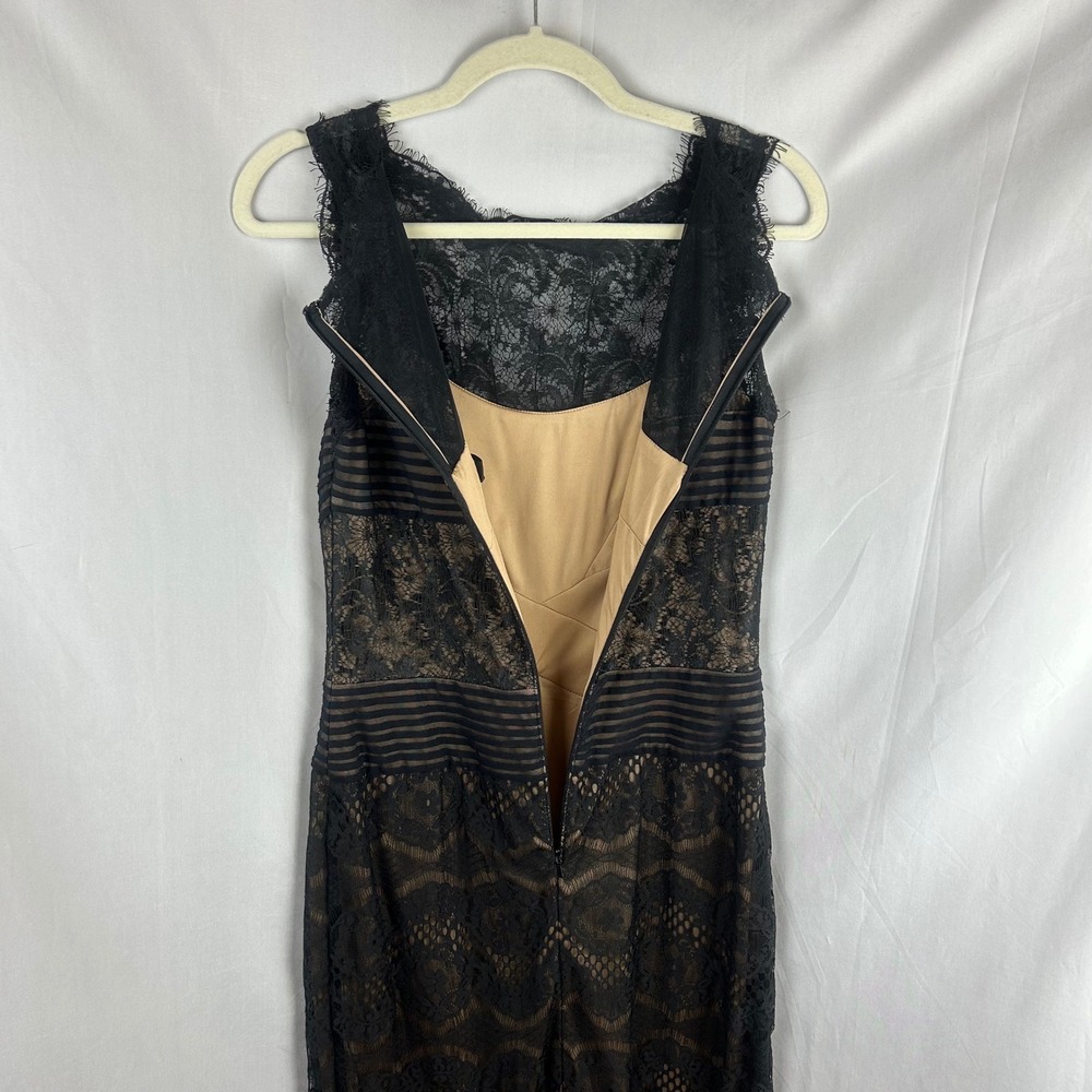 Tadashi Shoji Black Lace Nude Illusion Sheath Dress Size 6 Mesh Banding Cocktail - Picture 9 of 10